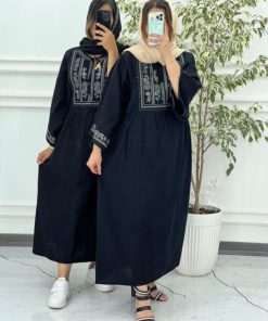 پیراهن لینن گلدوزی آستین کیمونو مشکی