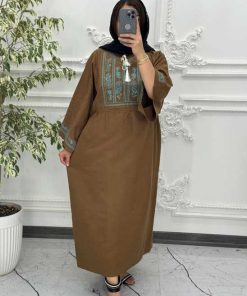 Alternative view of پیراهن لینن گلدوزی آستین کیمونو قهوه ای 6027