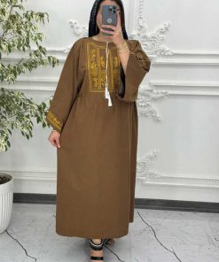 پیراهن لینن گلدوزی آستین کیمونو قهوه ای 6027