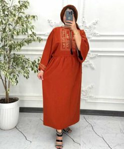 Alternative view of پیراهن لینن گلدوزی آستین کیمونو آجری 6026