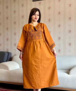 پیراهن لینن گلدوزی آستین کیمونو آجری