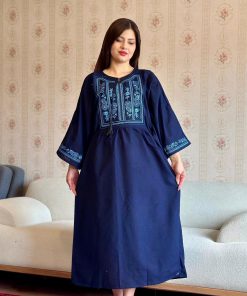پیراهن لینن گلدوزی آستین کیمونو سرمه ای 6024