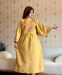 پیراهن لینن گلدوزی آستین کیمونو خردلی