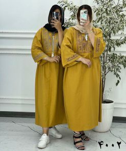 Alternative view of پیراهن لینن گلدوزی آستین کیمونو خردلی 6025